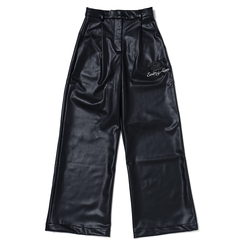 RADIO EVA A099 EVA-01 Flower Embroidery Vegan Leather Wide Slacks